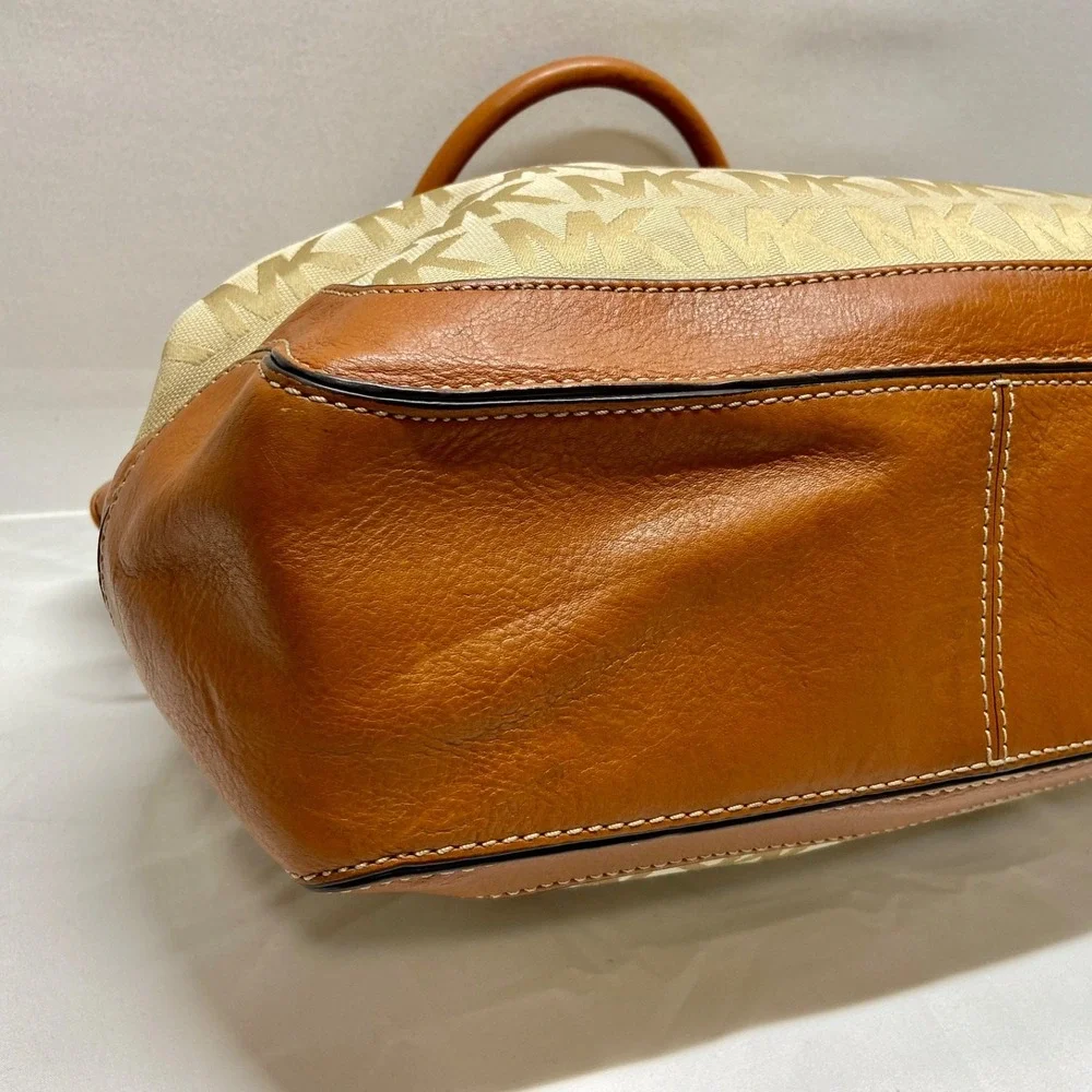 Michael Kors Brookville Large Tote Bag MK Saddle Khaki Canvas Brown Leather EUC